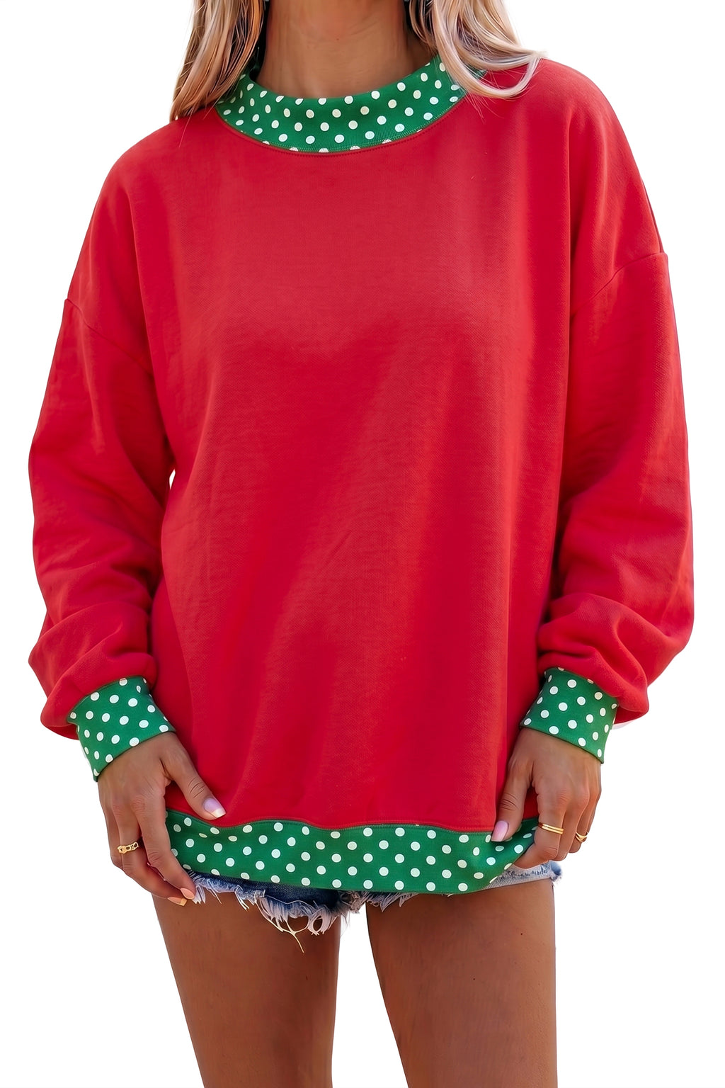 Brown Colorblock Polka Dot Contrast Trim Oversized Sweatshirt