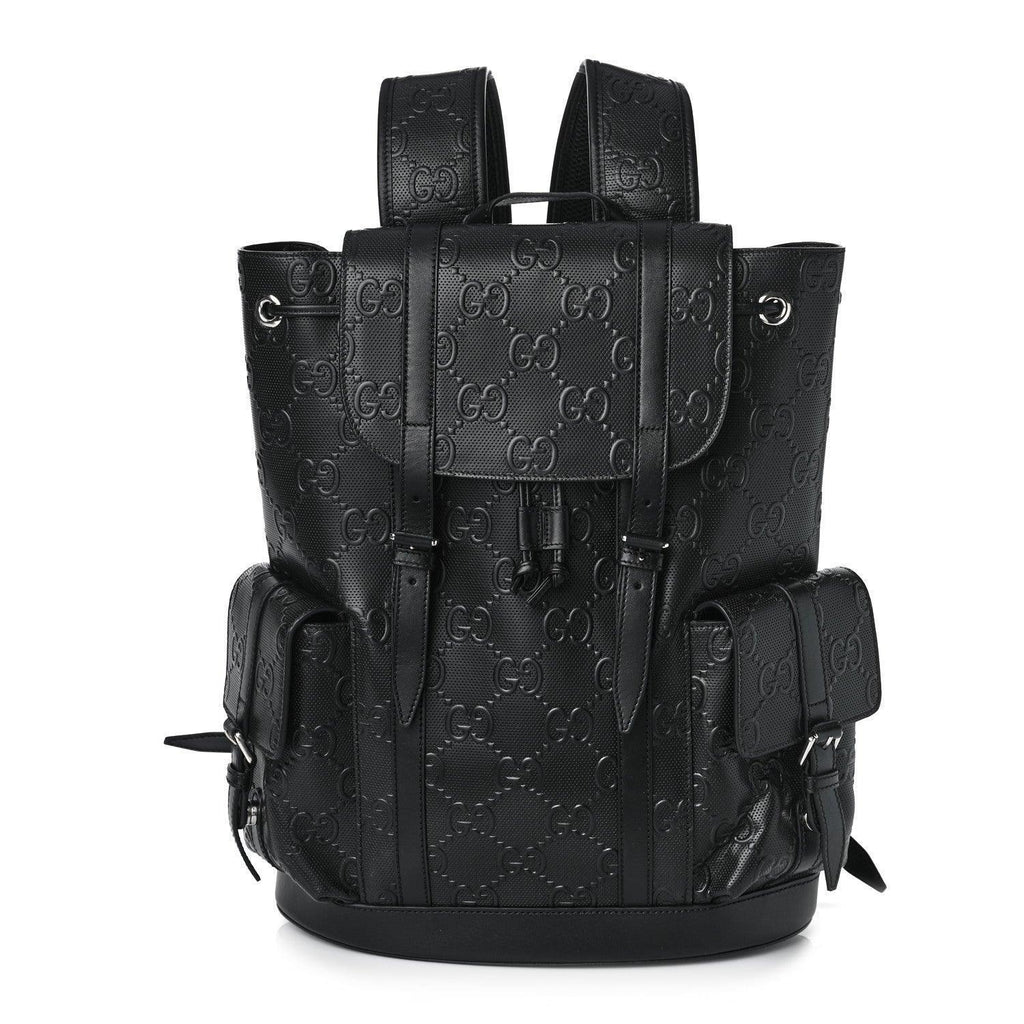 Gucci Calfskin GG Tennis Embossed Double Buckle Backpack Black Banlieue91