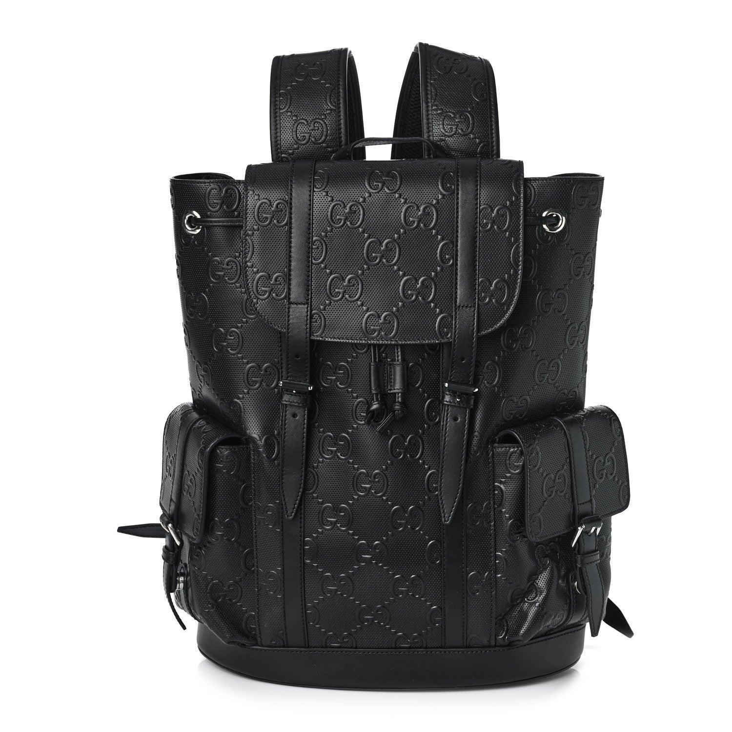 Gucci Calfskin GG Tennis Embossed Double Buckle Backpack Black Banlieue91