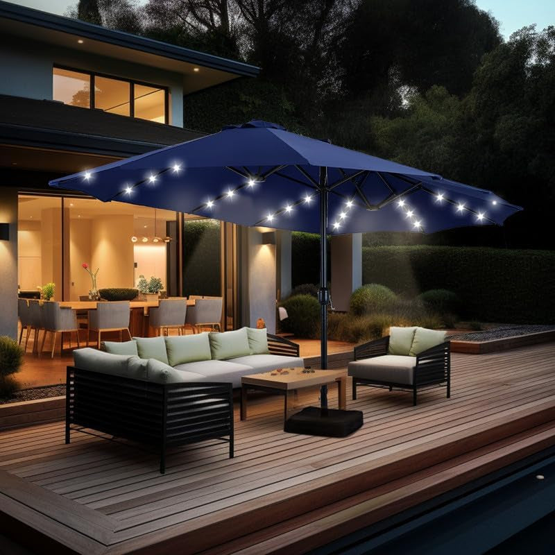 Navy Blue 15ft Rectangular Patio Umbrella With LEDs