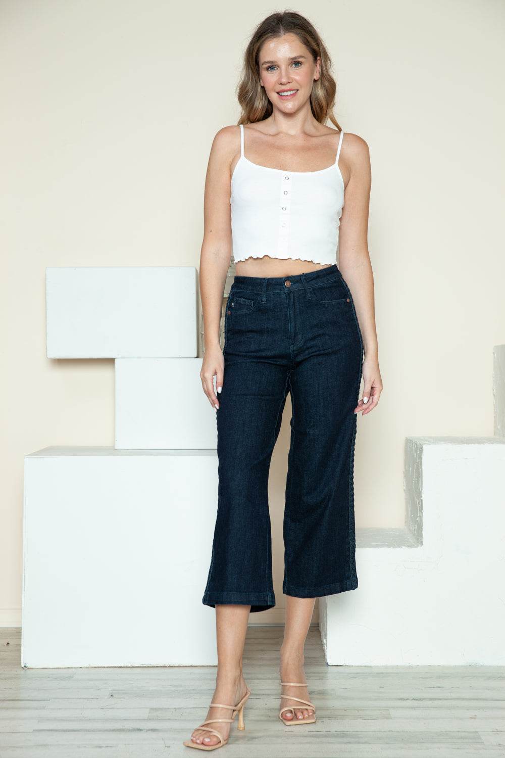 Judy Blue Full Size Side Seam Braid Detail Crop Wide Leg Women Jeans