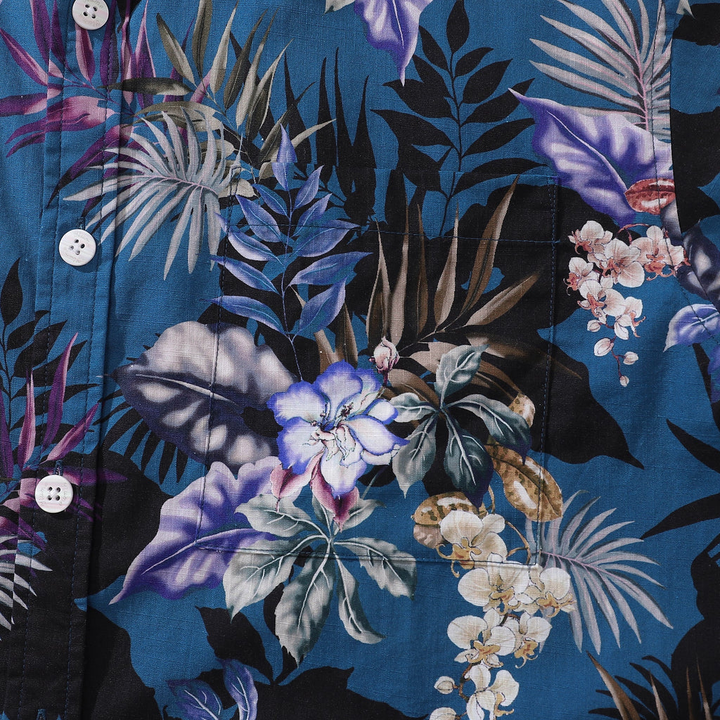 Dark Blue Hand Painted Orchid Floral Print 100% Cotton Button-down Shirt By Amy