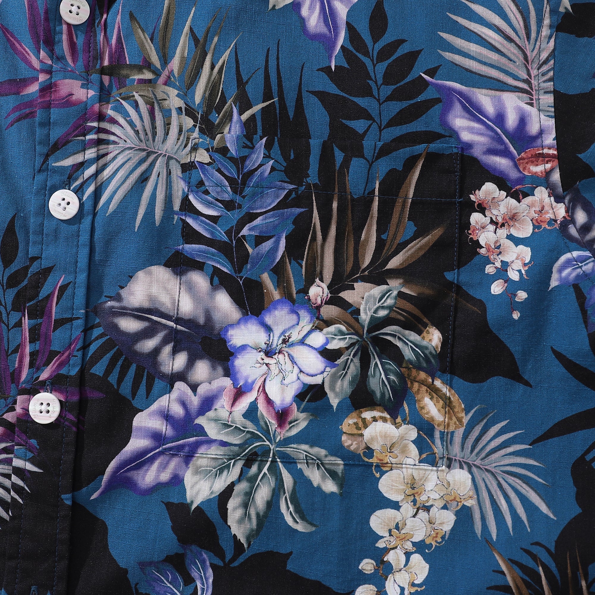 Dark Blue Hand Painted Orchid Floral Print 100% Cotton Button-down Shirt By Amy