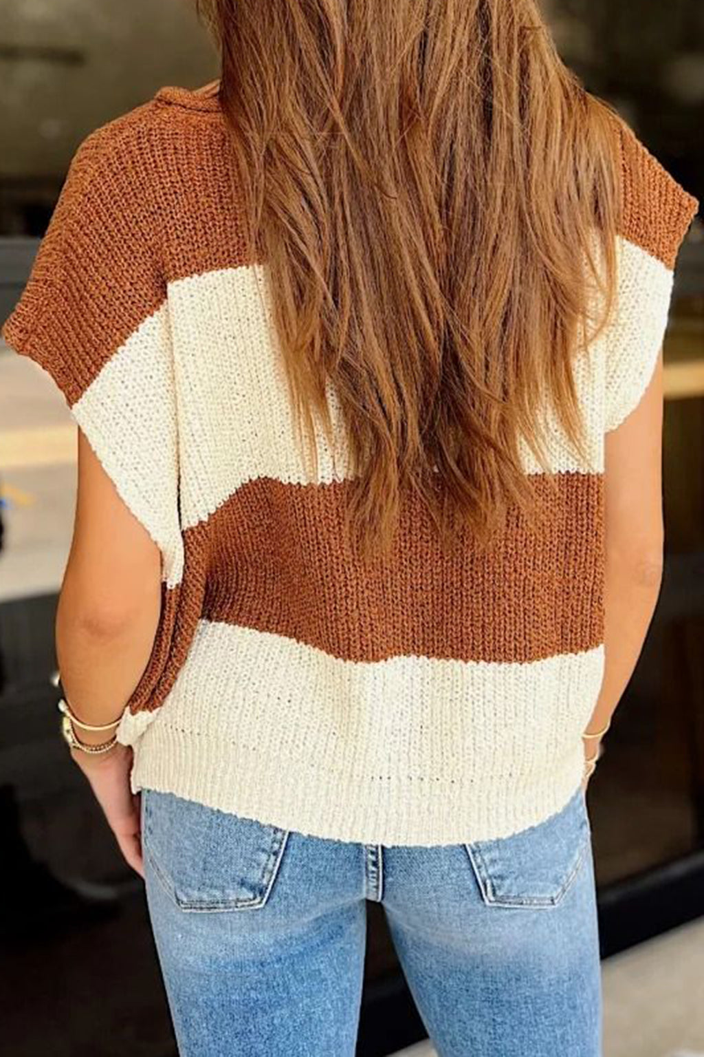 Brown Stripe Striped Colorblock Knit V Neck Short Sleeve Loose Sweater