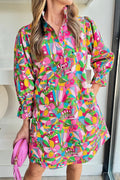 Abstract Printed Lantern Sleeve Buttoned Mini Dress
