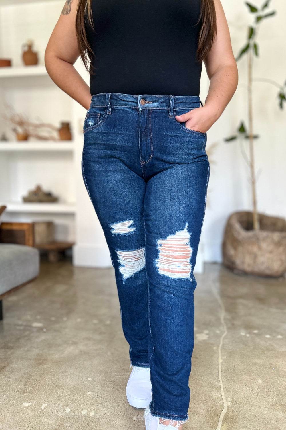 Judy Blue Full Size High Waist Rigid Magic Heavy Destroy Straight Women Jeans