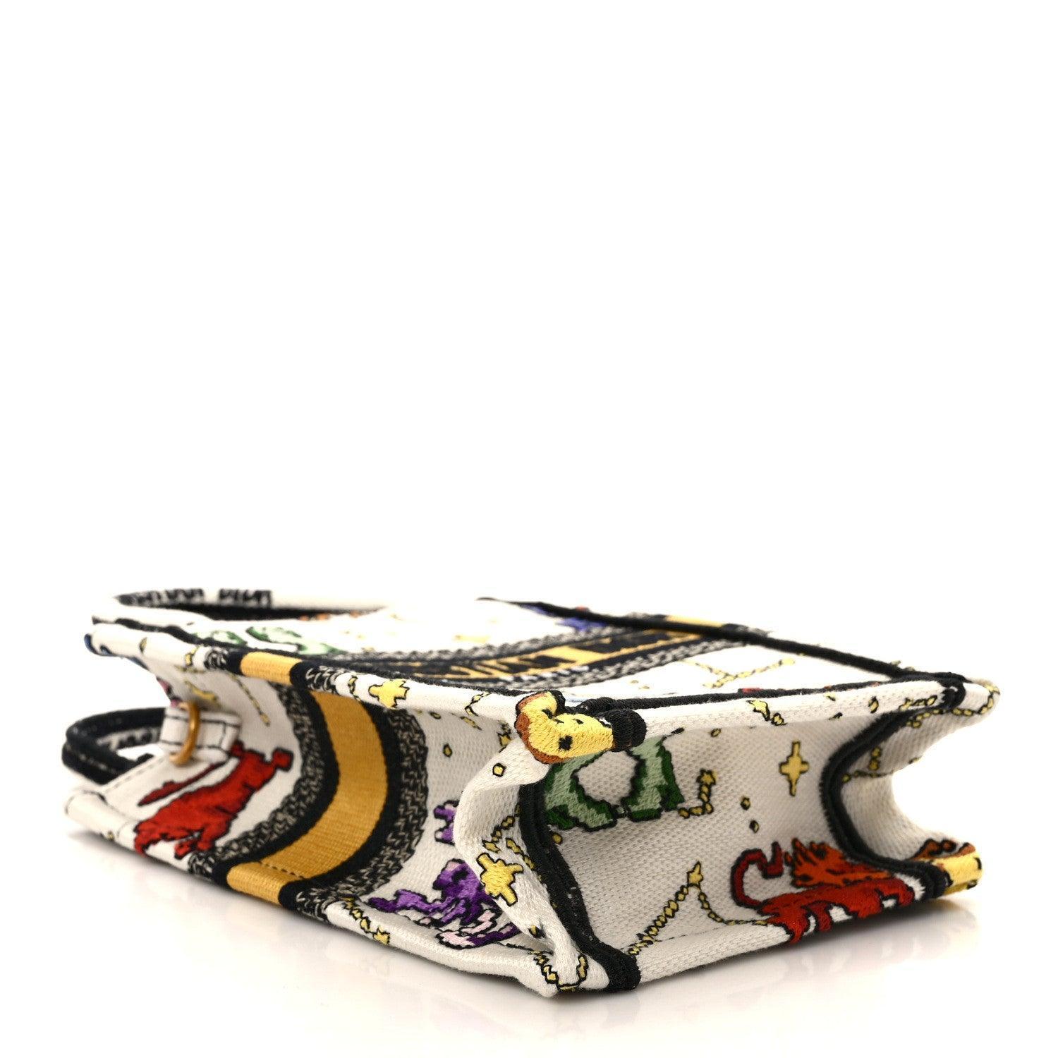 Christian Dior Canvas Embroidered Pixel Zodiac Mini Book Tote Phone Bag in Latte Multicolor Banlieue91