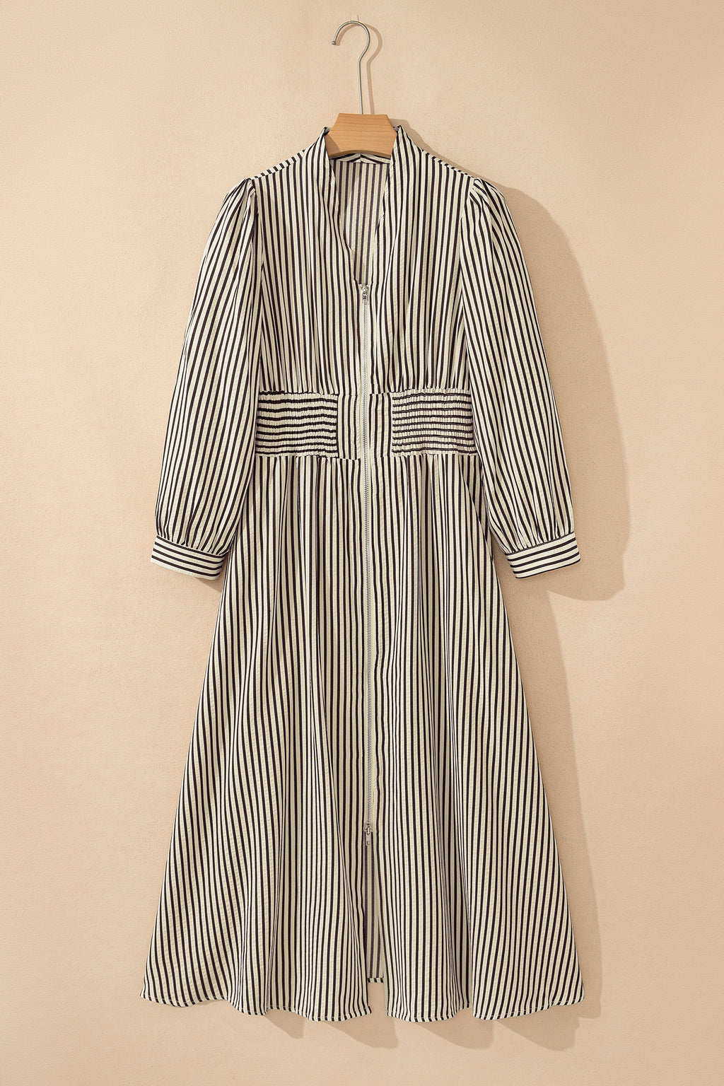 Green Striped V Neck Zip Front Cinched High Waist Midi Dress