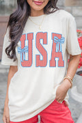 White USA Patriotic Letter Print Summer Casual T Shirt