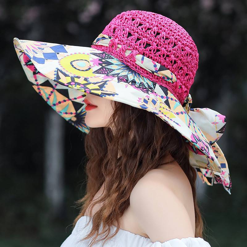 Women's Patterned Straw Beach Sun Hat – Round Crown UV Protection Summer Hat FitiqueFit