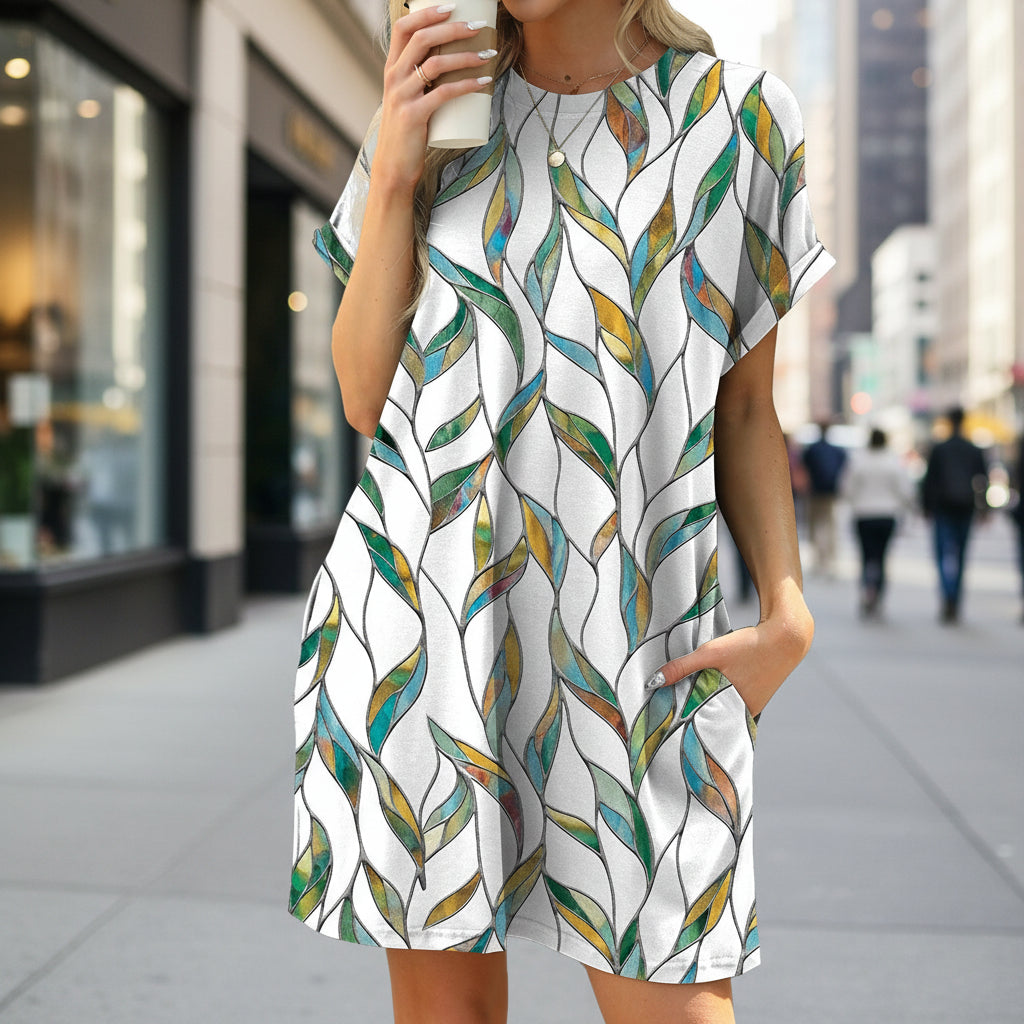 Floral Print Loose Pocket Dress | Round Neck Short Sleeve FitiqueFit