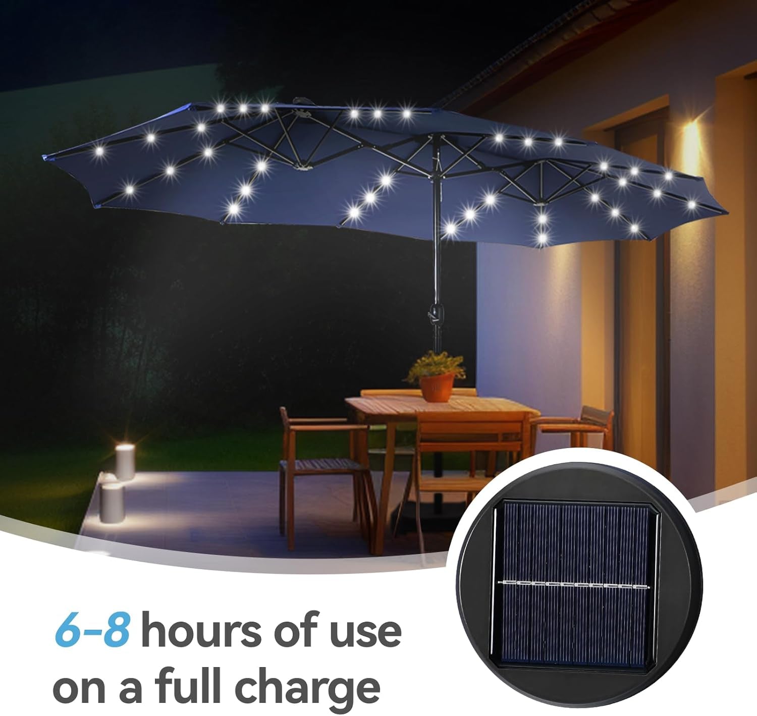 Navy Blue 15ft Rectangular Patio Umbrella With LEDs