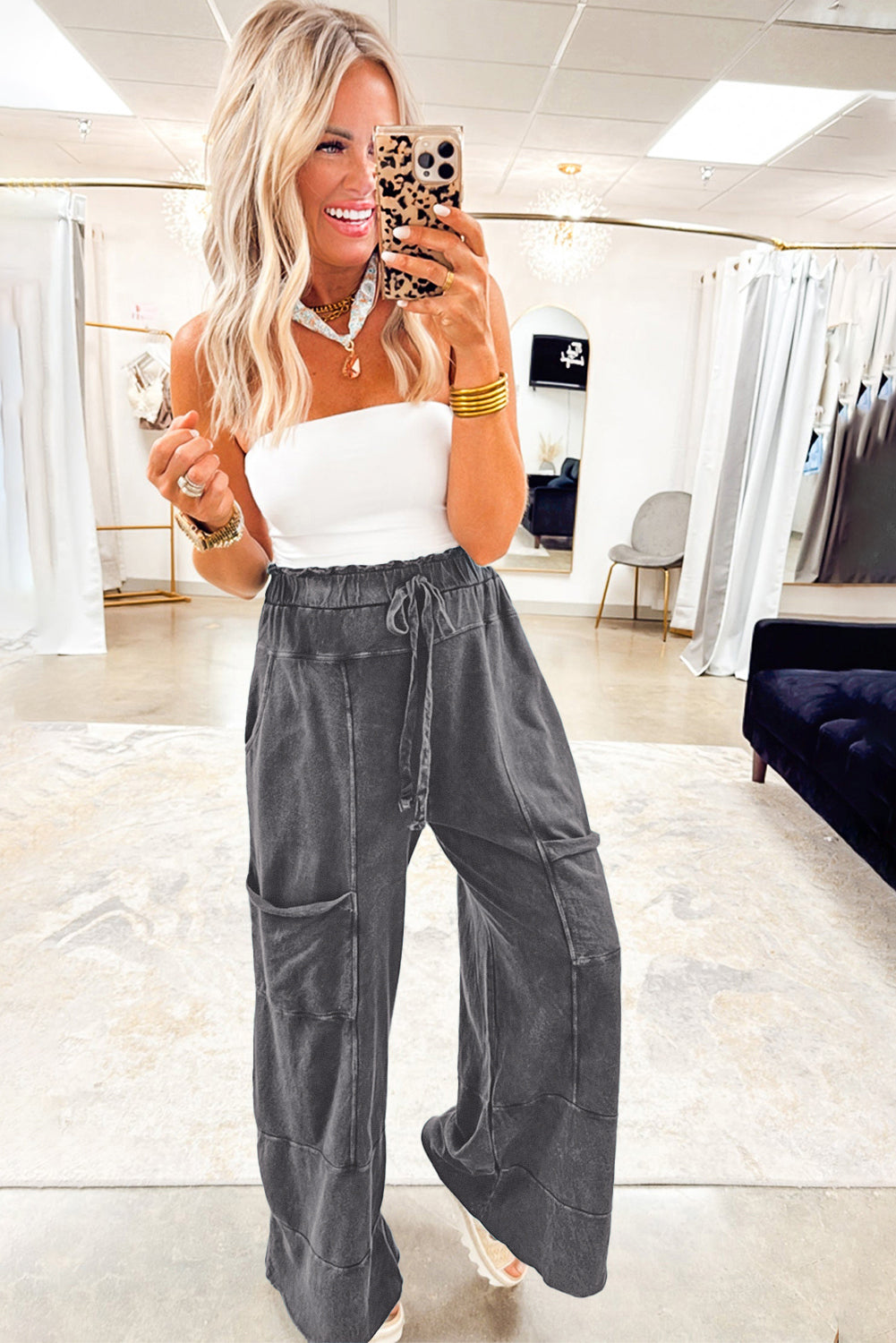 Wild Ginger  Mineral Wash Knot High Waist Raw Hem Pants Shewin