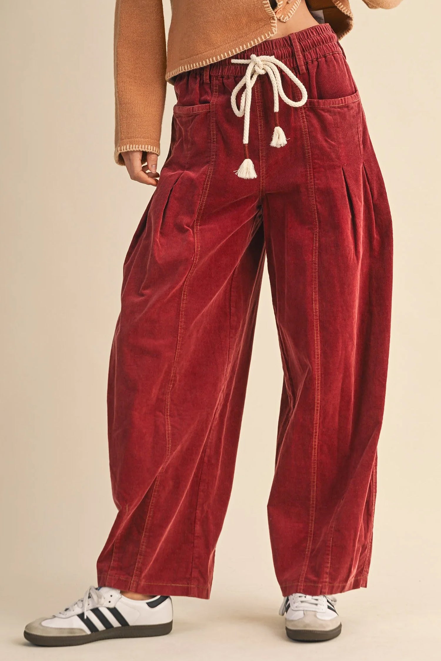 Racing Red Elastic Waist Drawstring Corduroy Casual Pants Shewin