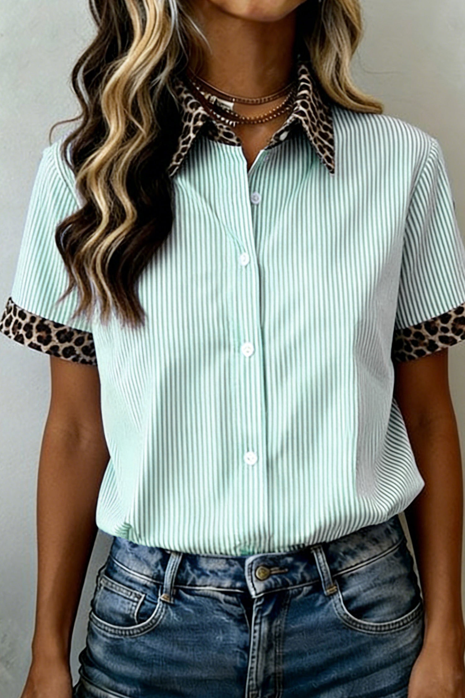 Sky Blue Stripe Leopard Contrast Collar Short Sleeve Shirt