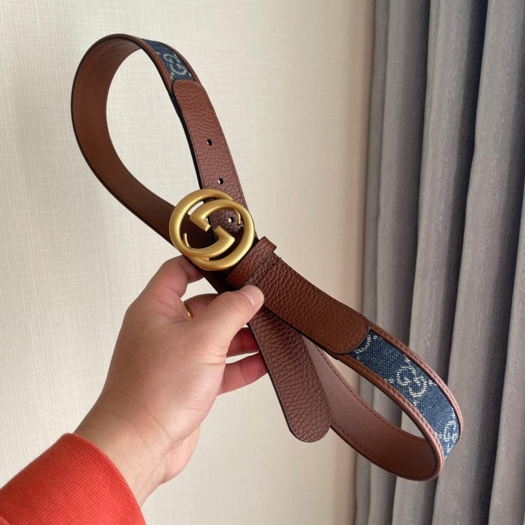 GUCCI Embellished coated-canvas and leather belt 'Brown/Blue' Banlieue91
