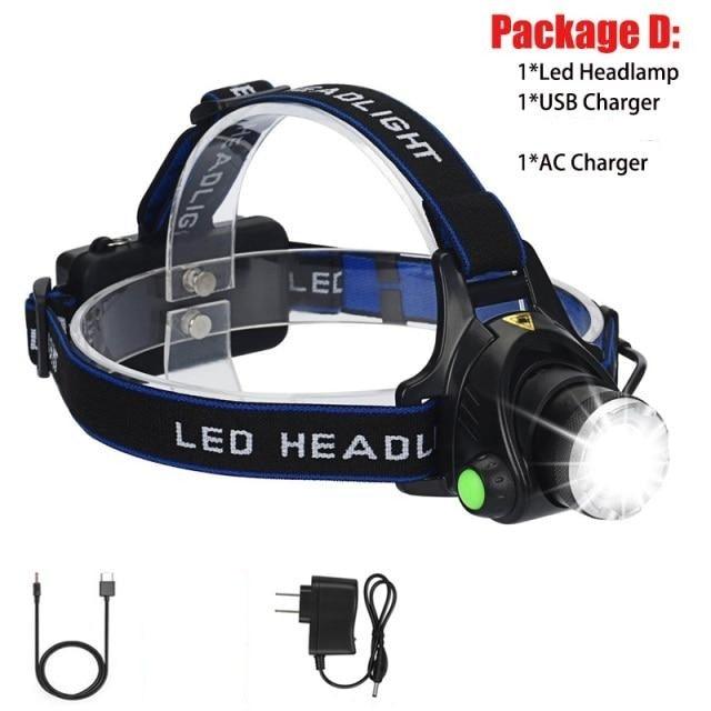 Adjustable Rechargeable Waterproof Brightest Zoomable LED Lightweight Hands Free Headlamp High Power For Adult Hunting Camping Running Hiking Riding Fishing Rechargeable T6 Chip Headlight Stevvex