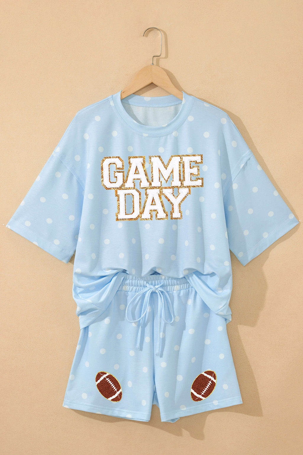 Sky Blue Polka Dot GAME DAY Letter Graphic Oversized Tee Drawstring Short Set