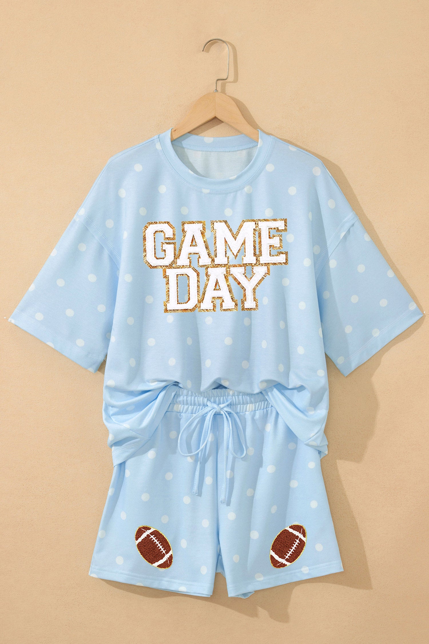 Sky Blue Polka Dot GAME DAY Letter Graphic Oversized Tee Drawstring Short Set