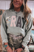 Green Bay Floral Buffalo Plaid Striped Embroidered Patch Western Pullover Sweatshirt