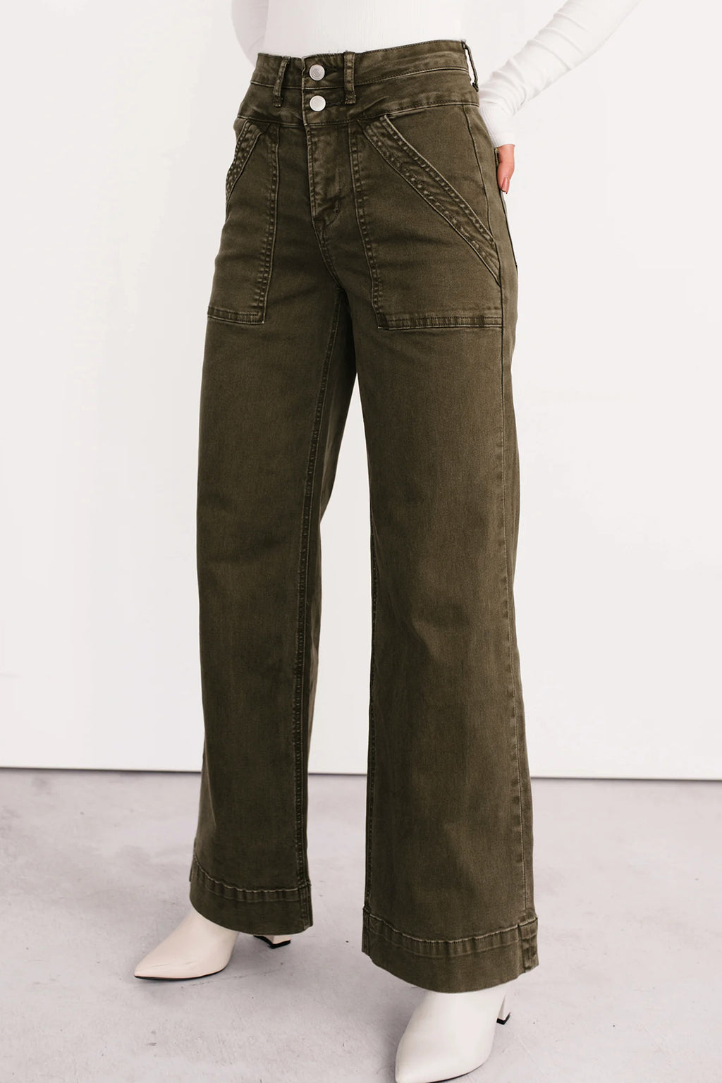 Jungle Green Double Waistband Loose Straight Jeans Shewin