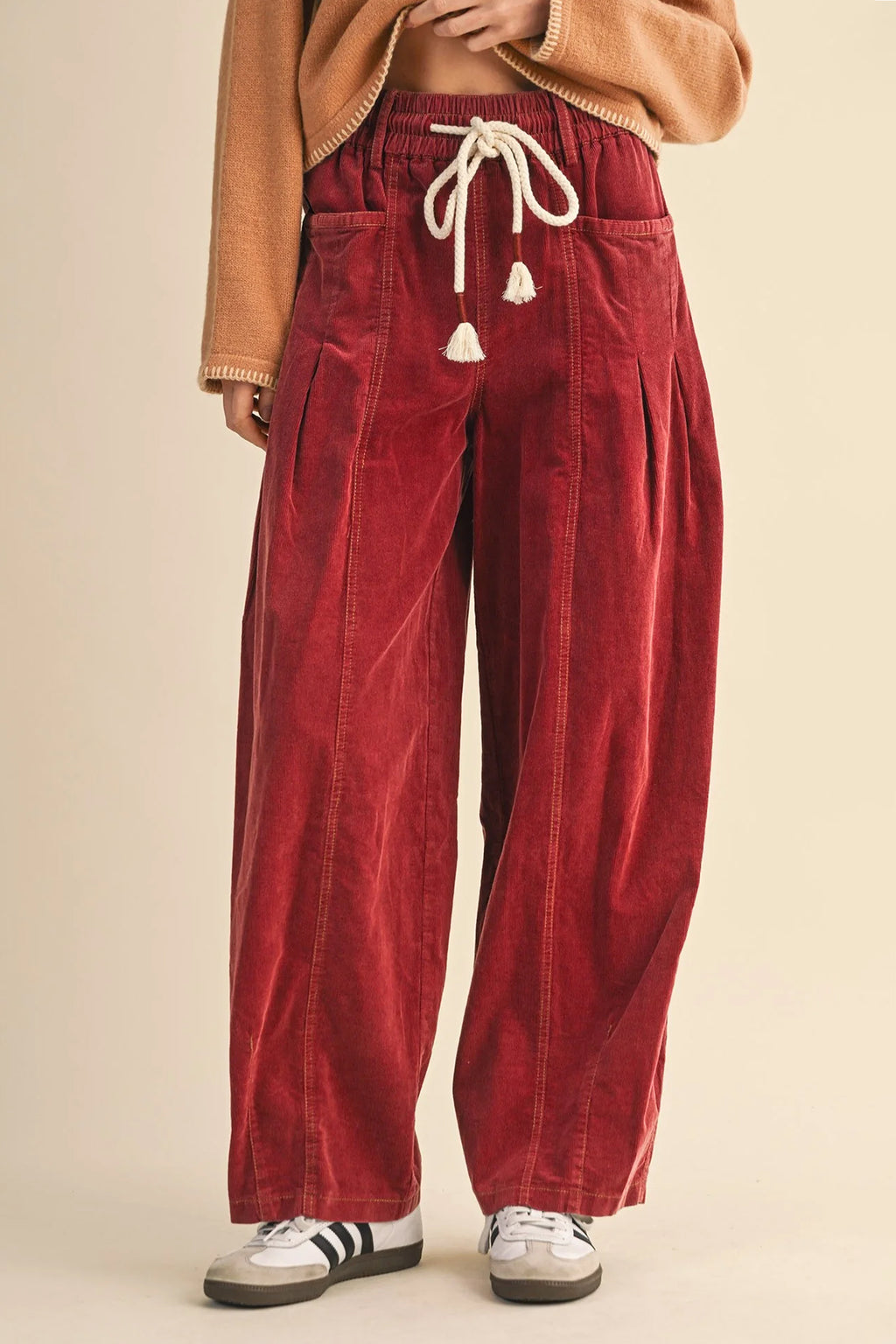 Racing Red Elastic Waist Drawstring Corduroy Casual Pants Shewin