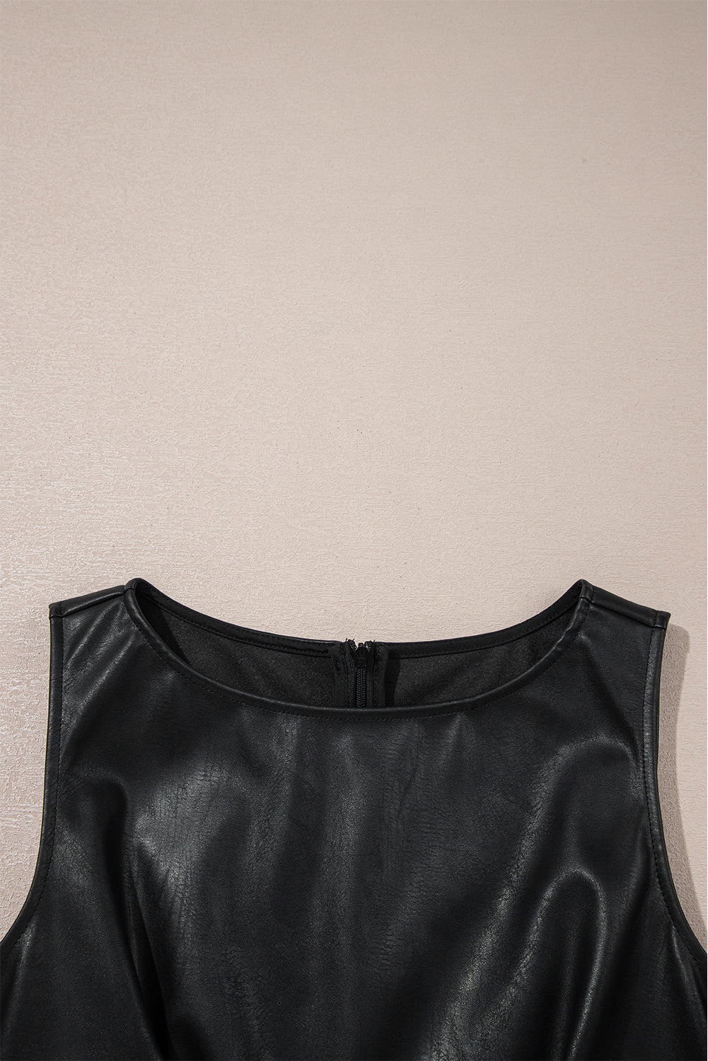 Coffee Faux Leather Sleeveless Round Neck Mini Dress