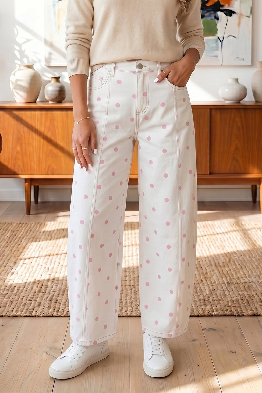 Brown Tailored Seam Polka Dot Print Barrel Casual Jeans Shewin