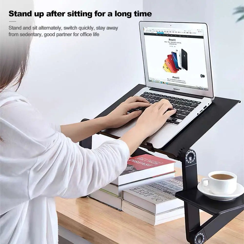 Aluminum Alloy Folding Laptop Desk — 360° Adjustable, Mouse Panel, Optional Cooling Fan, 42x26cm