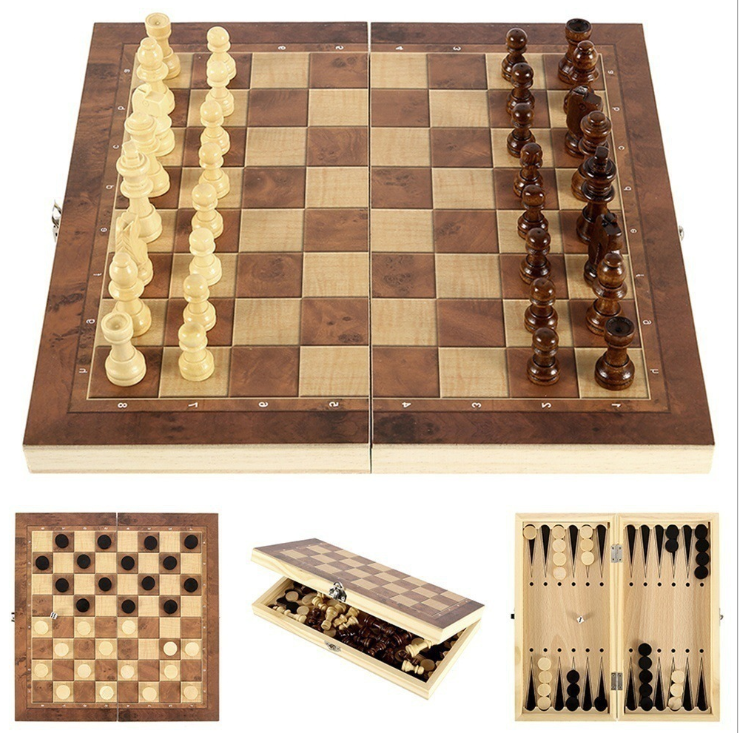 3 In 1 Portable Wooden Foldable Chess Board Set & Checkers & Backgammon Set With Chess Pieces And Carrying Case American Smart