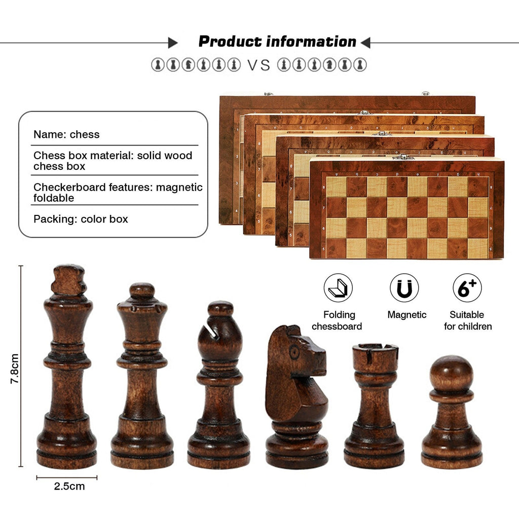 3 In 1 Portable Wooden Foldable Chess Board Set & Checkers & Backgammon Set With Chess Pieces And Carrying Case American Smart