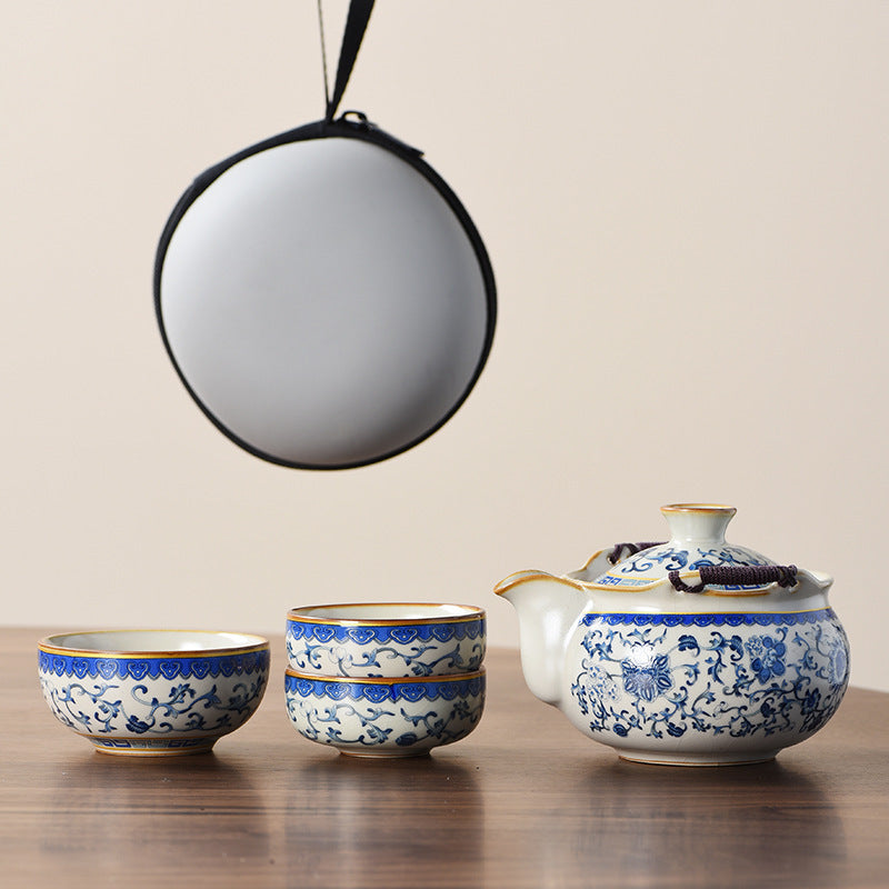 Blue and white beige Ru kiln travel tea set one pot three cups outdoor portable entwined lotus ceramic retro teapot American Smart