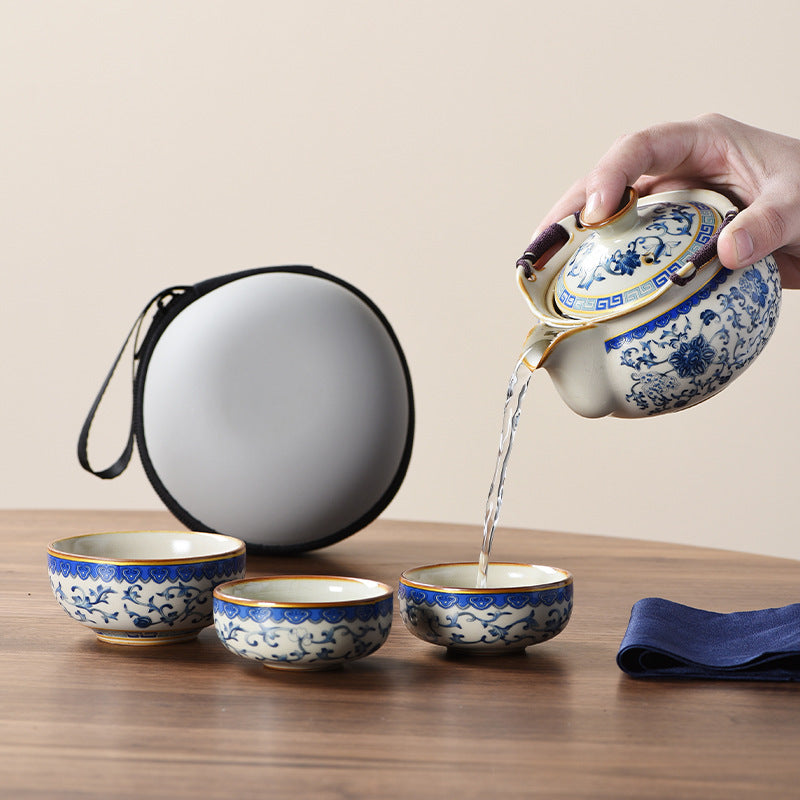 Blue and white beige Ru kiln travel tea set one pot three cups outdoor portable entwined lotus ceramic retro teapot American Smart