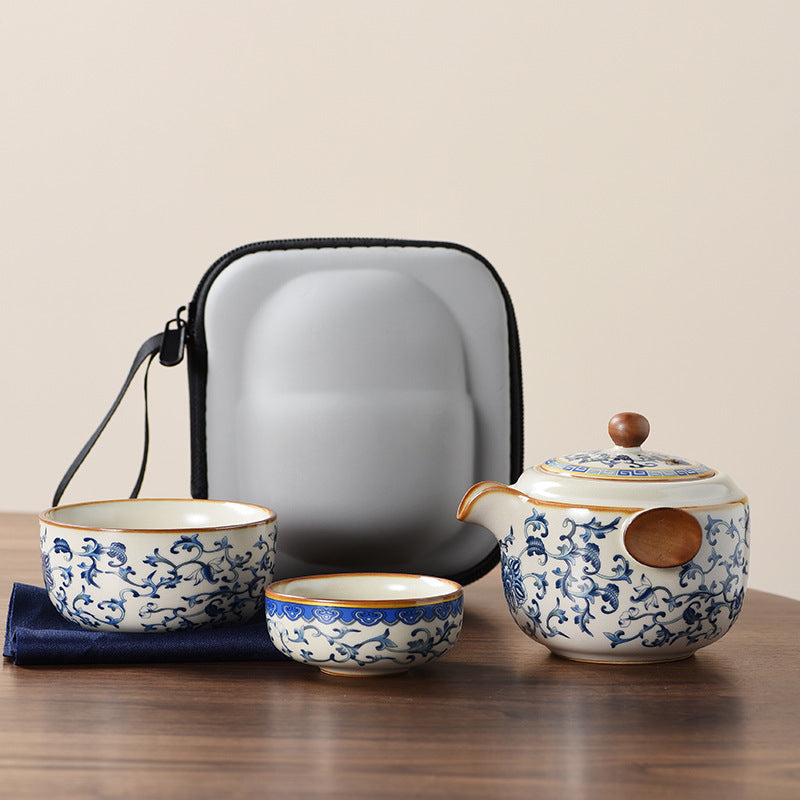 Blue and white beige Ru kiln travel tea set one pot three cups outdoor portable entwined lotus ceramic retro teapot American Smart