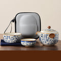Blue and white beige Ru kiln travel tea set one pot three cups outdoor portable entwined lotus ceramic retro teapot American Smart
