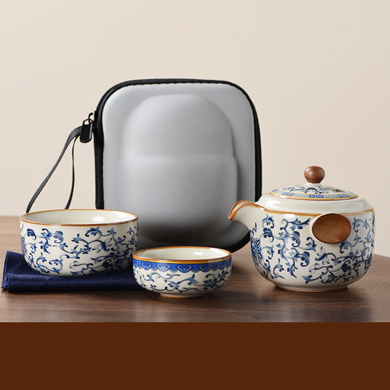 Blue and white beige Ru kiln travel tea set one pot three cups outdoor portable entwined lotus ceramic retro teapot American Smart