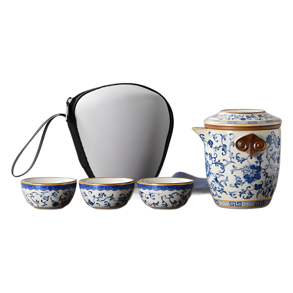 Blue and white beige Ru kiln travel tea set one pot three cups outdoor portable entwined lotus ceramic retro teapot American Smart