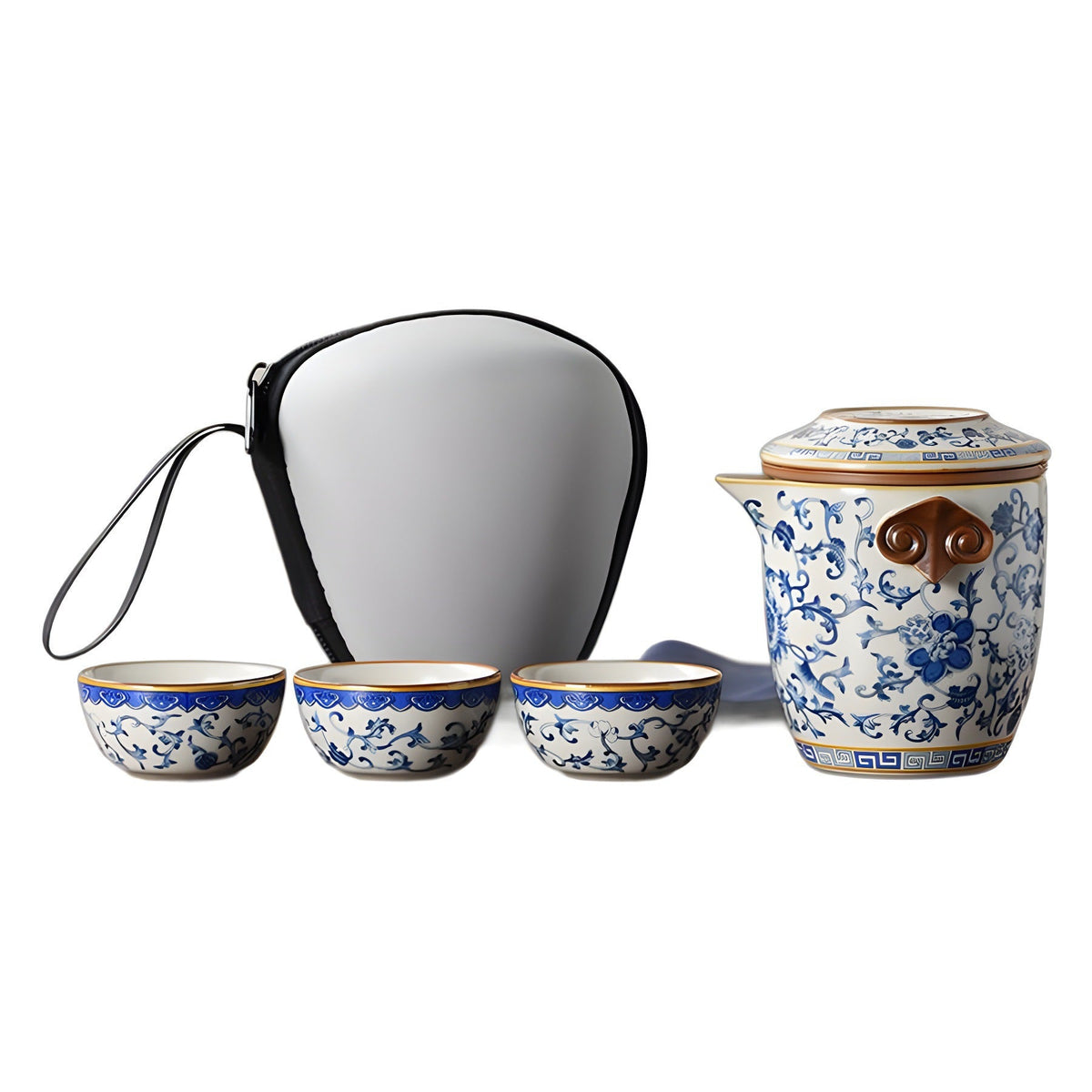 Blue and white beige Ru kiln travel tea set one pot three cups outdoor portable entwined lotus ceramic retro teapot American Smart