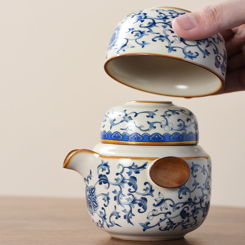 Blue and white beige Ru kiln travel tea set one pot three cups outdoor portable entwined lotus ceramic retro teapot American Smart