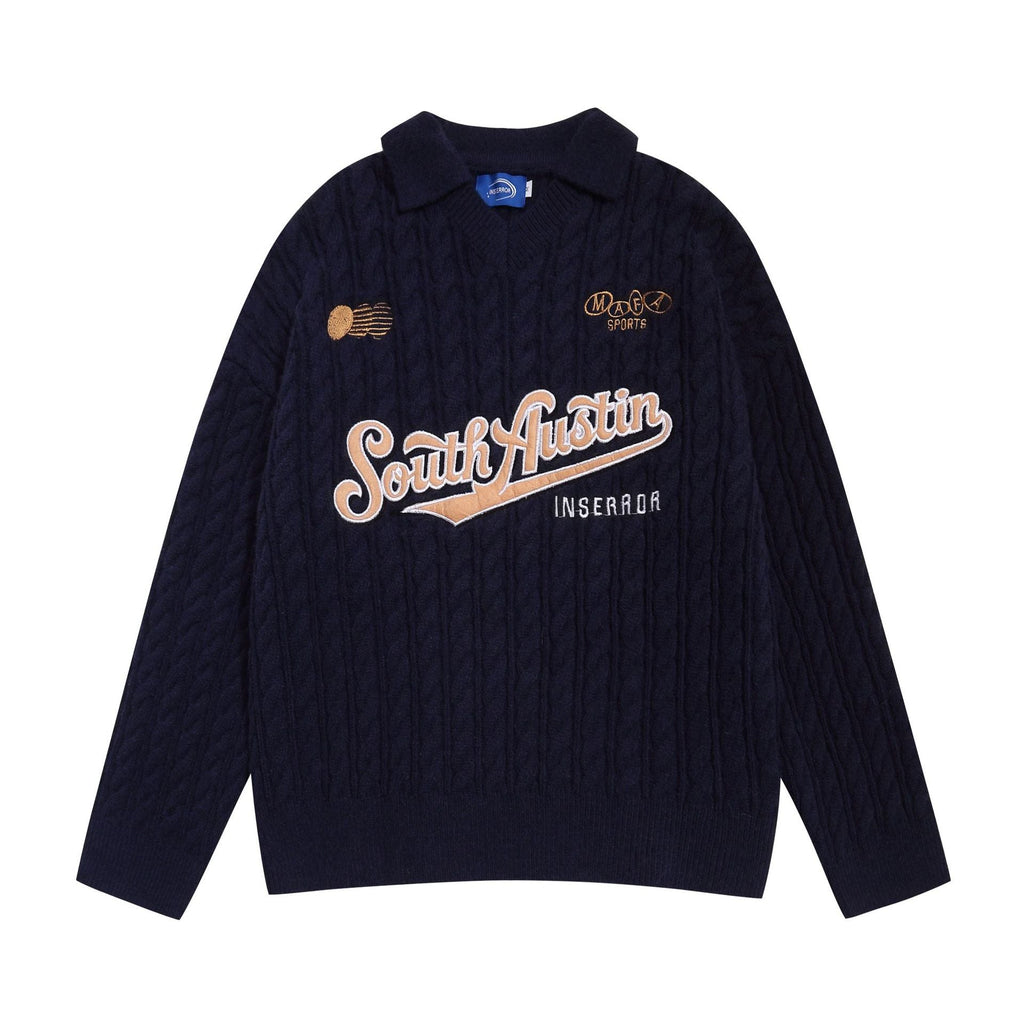 Letter embroidery V-neck casual sweater American Smart