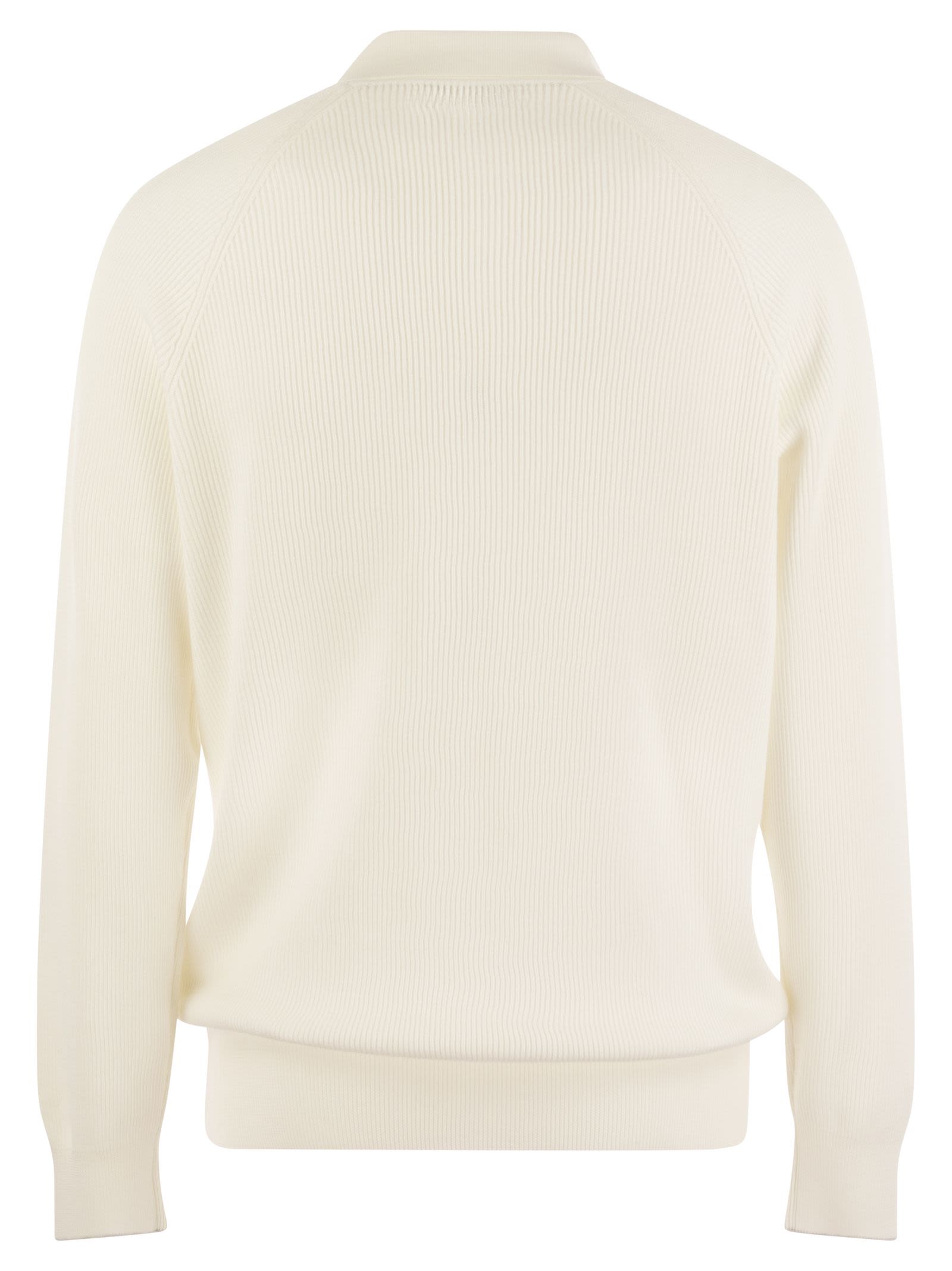 Brunello Cucinelli Men Cotton Rib Knit Polo Shirt With Long Raglan Sleeve