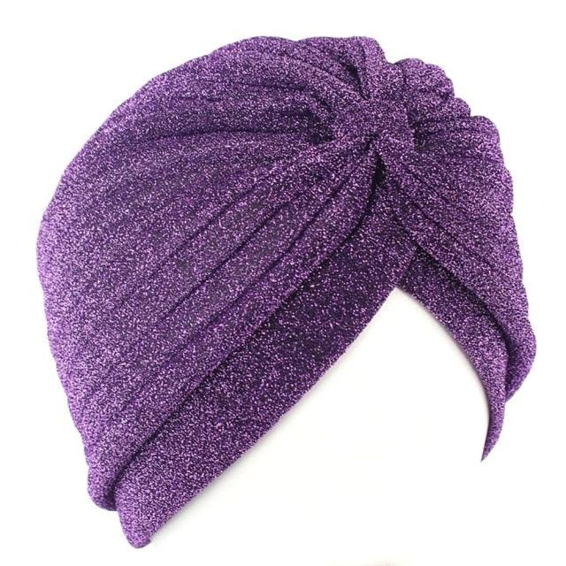 Autumn Winter Warm Headwear Soft Shine Silver Gold Lightweight Knot Twist Turban Headbands Cap Casual Streetwear Hats For Women Stevvex