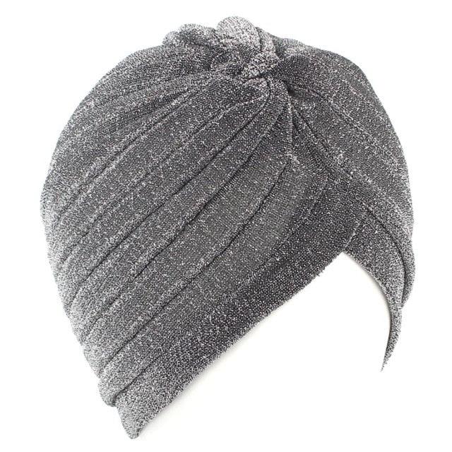 Autumn Winter Warm Headwear Soft Shine Silver Gold Lightweight Knot Twist Turban Headbands Cap Casual Streetwear Hats For Women Stevvex