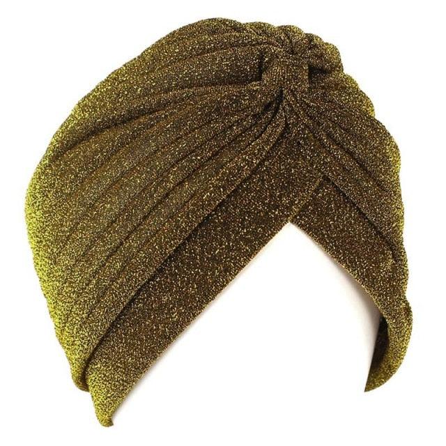 Autumn Winter Warm Headwear Soft Shine Silver Gold Lightweight Knot Twist Turban Headbands Cap Casual Streetwear Hats For Women Stevvex
