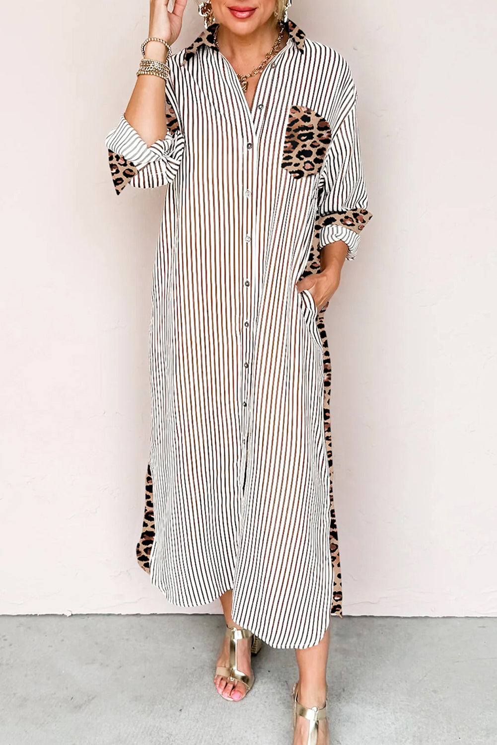 Sky Blue Stripe Contrast Leopard Patchwork Long Shirt Dress with Slits