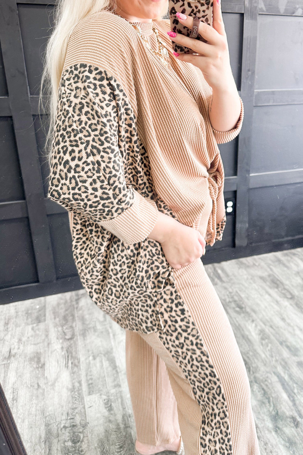 Light French Beige Leopard Print Ribbed Twist Long Sleeve Top Pants Plus Size Set
