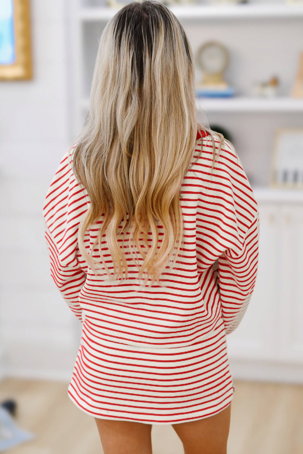 Green Striped Collared V Neck Drop Shoulder Pullover and Skirt Set