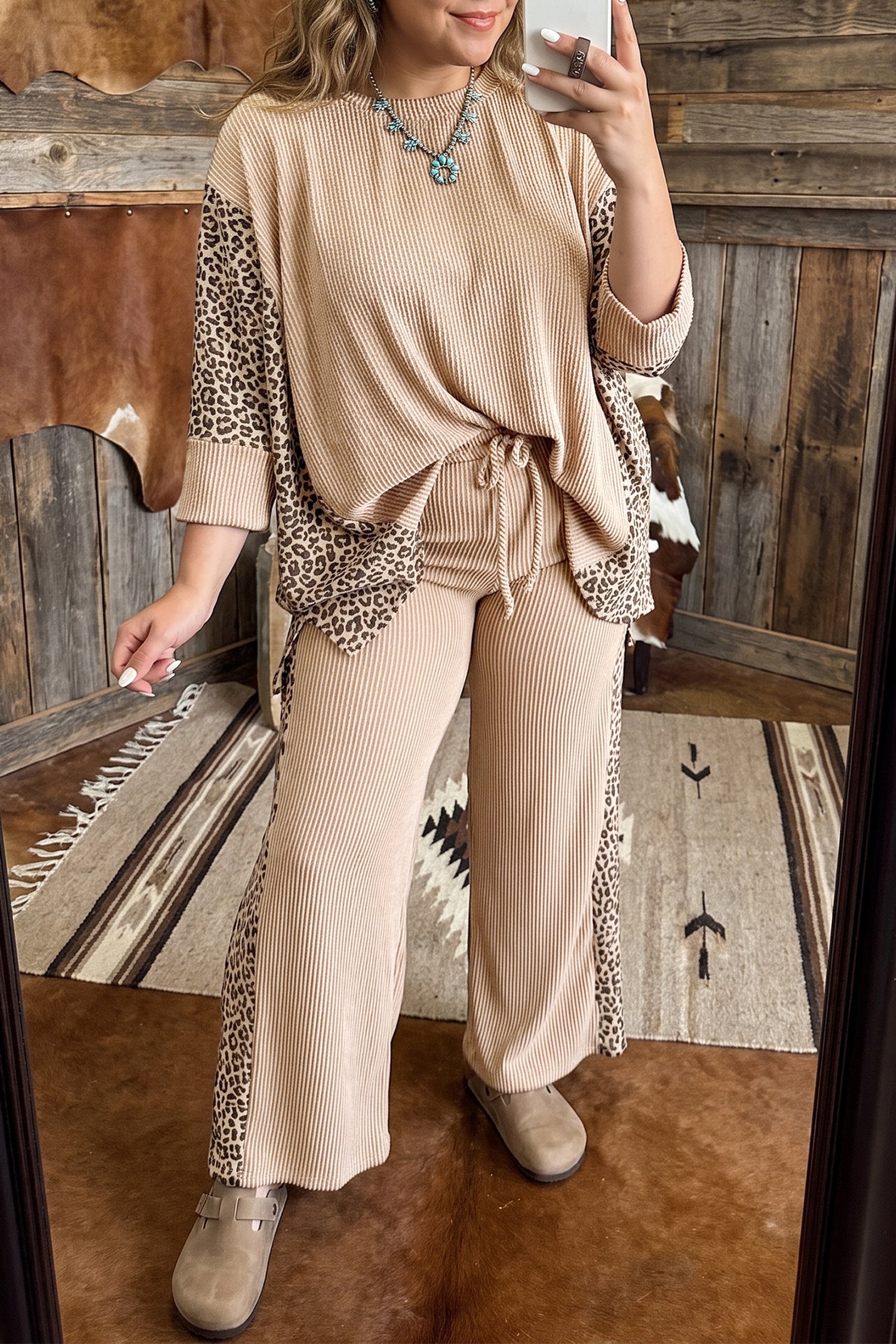 Light French Beige Leopard Print Ribbed Twist Long Sleeve Top Pants Plus Size Set