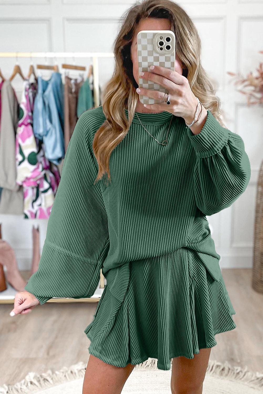 Jet Stream Corded Lantern Sleeve Top High Waist Ruffled Mini Skort Set