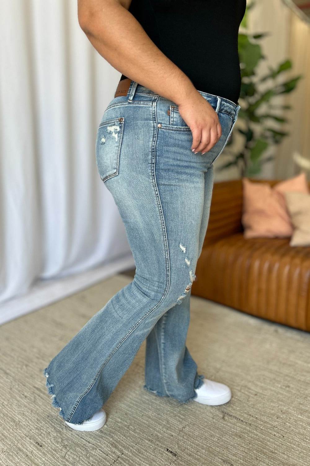 Judy Blue Full Size Medium Rise Tummy Control Destroy Flare Women Jeans